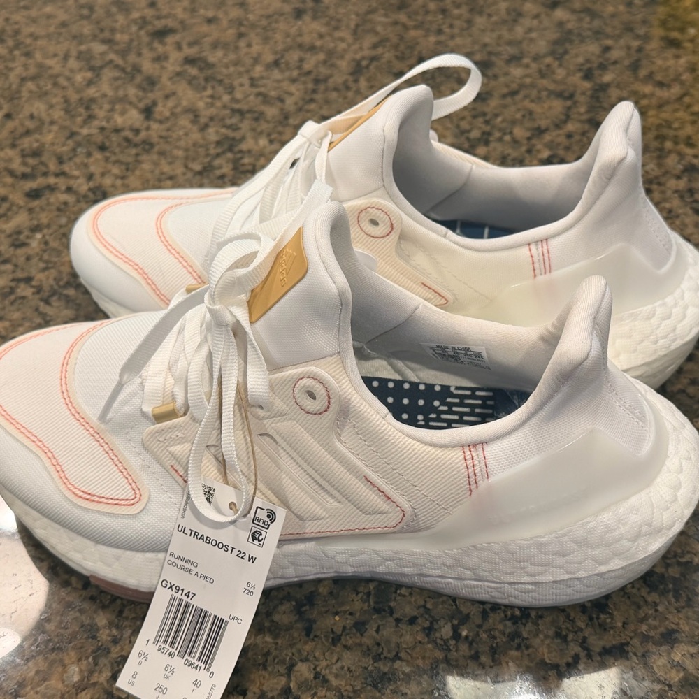 adidas White Women's Ultraboost Sneakers with Pink Stitching